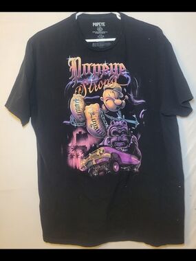 Popeye Strong Black Graphic Tee with Purple Car Artwork